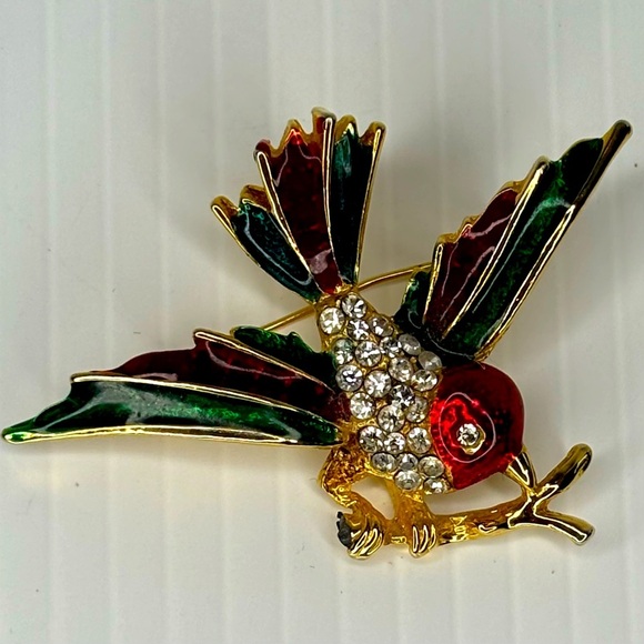 Source Unknown Jewelry - Vintage Bird on Branch Brooch Enamel Green Red Gold Tone Rhinestone Signed